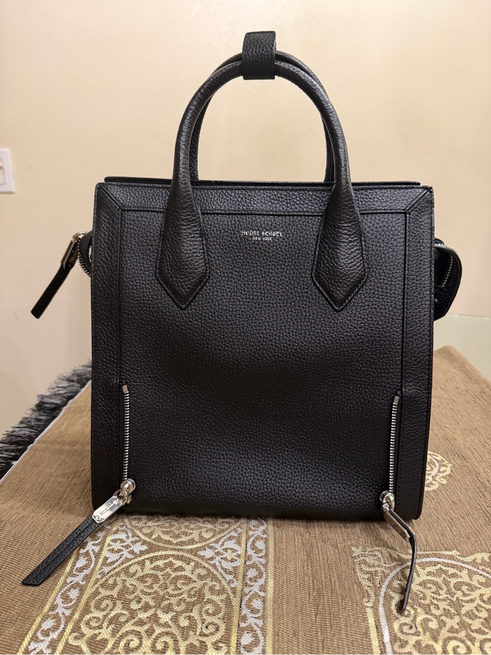henri bendel Black Pebbled Leather Tote with Zip Accents